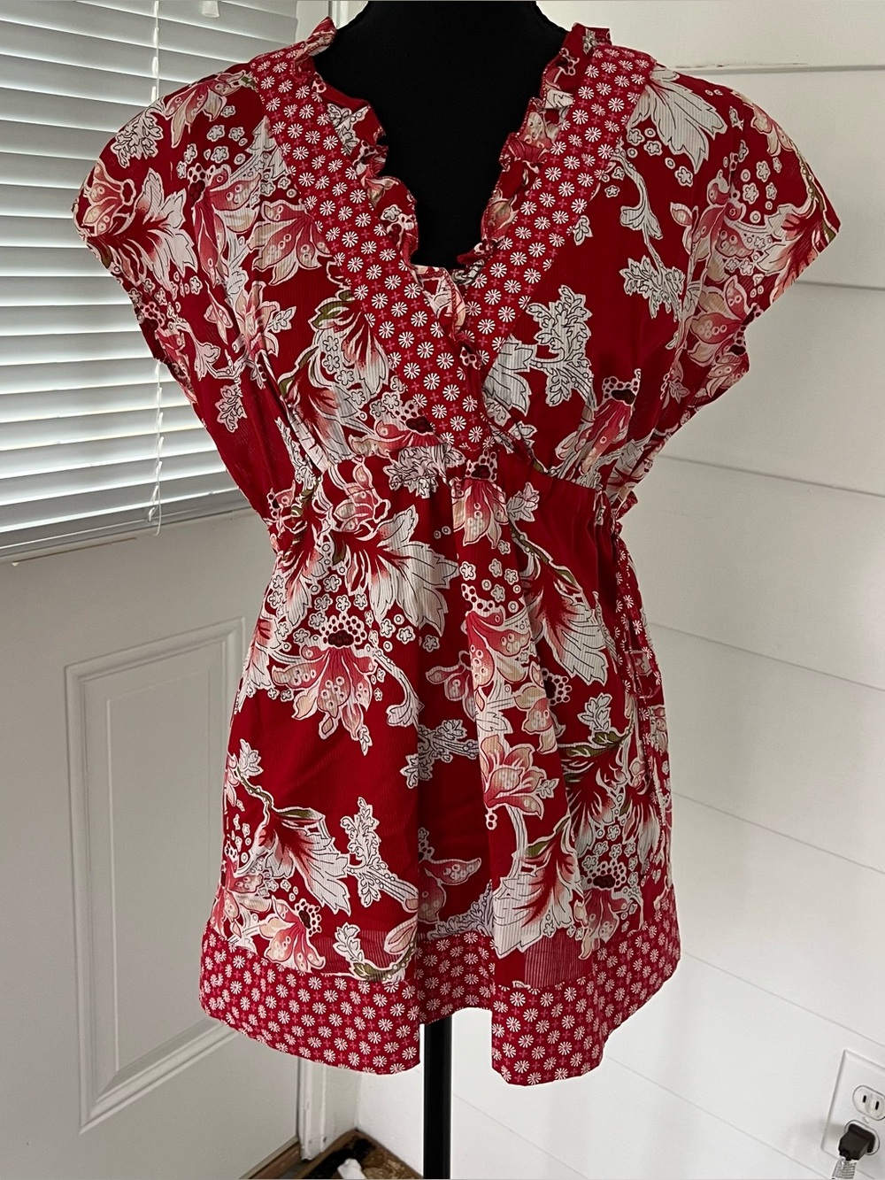 Y/k vintage fairycore Red & White Floral V-Neck Babydoll Top